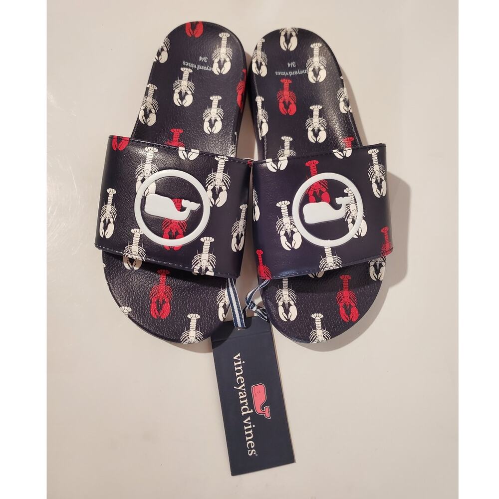 Nwt Vineyard Vines Boys Lobster Stack Pool Slide Sandals Kids Youth Sz 3/4 Blue